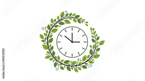 Minimalist clock face surrounded by a circular wreath of green leaves symbolizing time management and ecological awareness concepts.