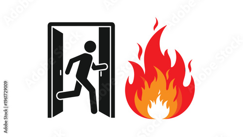 Safety exit sign showing a black silhouette figure running through an open door to escape large orange and red flames during fire.