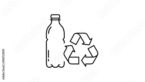 Simple line art drawing of a plastic water bottle next to a universal recycling symbol highlights the importance of plastic waste reduction.