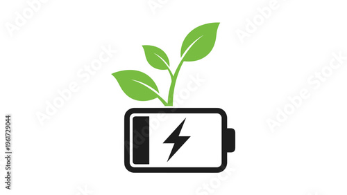 Low battery indicator with three green leaves sprouting from the top represents eco-friendly power sources and renewable energy solutions.