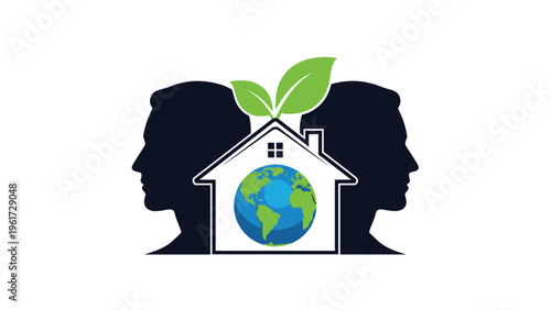 Green environmental logo featuring two human profiles facing away from a house containing a globe and growing leaves on a white background.