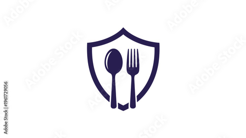 Dark blue shield icon featuring silhouettes of a fork and spoon represents food safety regulations and culinary protection services.