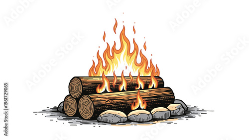 Detailed vector illustration of a wood campfire with bright orange flames and grey stones arranged in a circle on a white background.