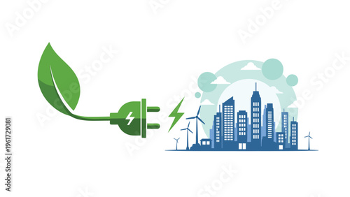Sustainable urban development illustration with a leaf shaped power plug charging a city skyline filled with wind turbines and clean energy.