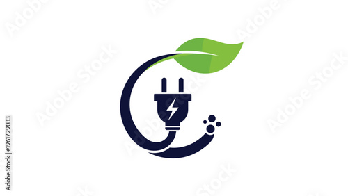 Modern green energy logo featuring a stylized power plug and cord forming a circle around a lightning bolt with a leaf detail.