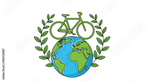 Green bicycle icon placed on top of a globe surrounded by a laurel wreath signifies global health and sustainable urban transportation.