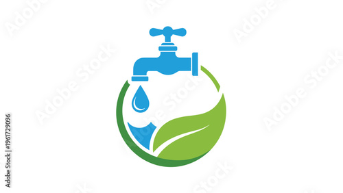 Eco friendly plumbing logo showing a blue water tap with a drop and a green leaf inside a circular frame for sustainable water use.