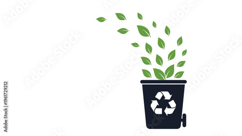 Waste management concept showing a black recycling bin with green leaves blowing out in a curve to represent eco friendly disposal.