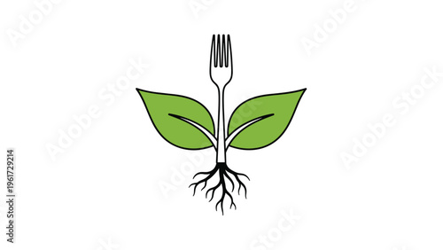 Sustainable agriculture icon showing a metal fork growing out of the earth with roots and two vibrant green leaves on a white background.