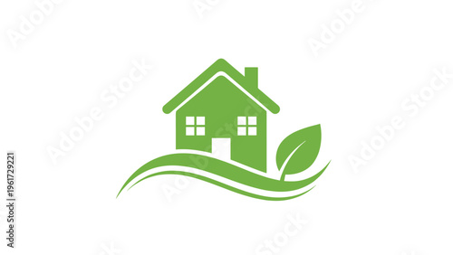 Sustainable real estate logo featuring a green house icon sitting on top of a wavy green landscape with a single leaf on the side.