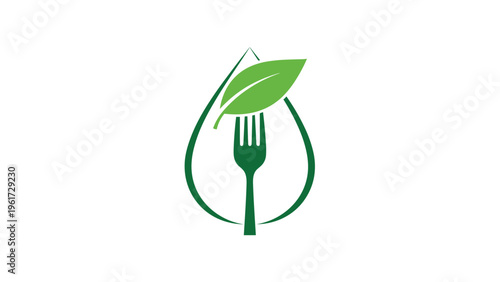 Eco friendly dining concept featuring a fork silhouette centered inside a green leaf teardrop shape for organic food businesses.