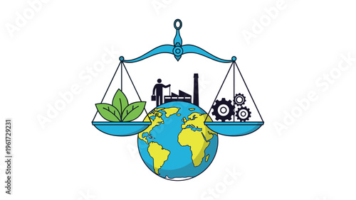 Environmental balance scale with green leaves on one side and industrial gears on the other over a globe with a factory silhouette.