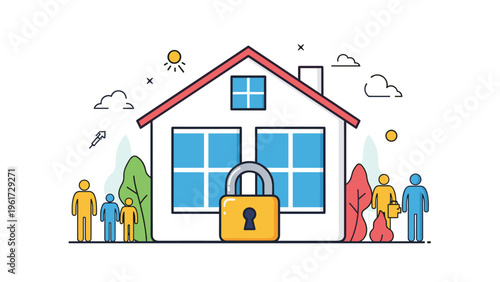 Home security illustration with a large yellow padlock in front of a house surrounded by trees and diverse groups of people.
