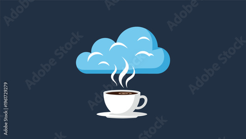 White coffee cup with steam rising to form a blue cloud shape against a dark background represents inspiration and morning thoughts.
