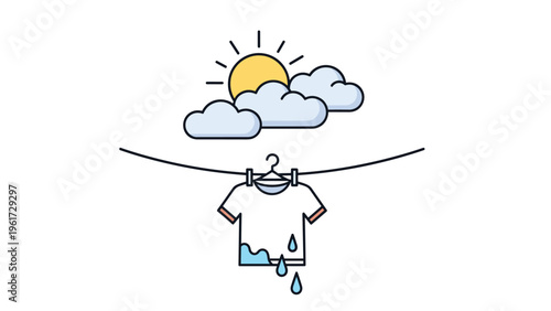 White t shirt hanging on a clothesline to dry under a bright sun and fluffy clouds represents eco friendly laundry and natural drying.