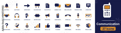 Communication icon set. Containing alert bell, email envelope, megaphone, phone call, pager device, podcast mic, video camera, wifi signal and more. Solid fill vector icons collection.