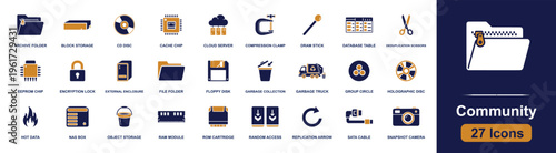 Community outreach icon set. Containing advocacy, donation, legal aid, support, meetings, forums, health, education, unity and more. Solid fill vector icons collection for social campaigns.