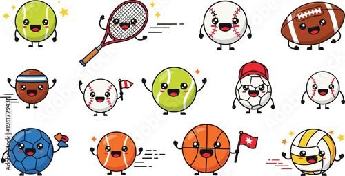 Collection of cute sports ball character vector illustrations including tennis baseball basketball soccer volleyball and football with expressions