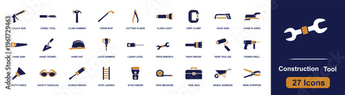 Construction tool icon set. Containing caulk gun, claw hammer, crowbar, flashlight, hand saw, power drill, tape measure, tool box, wheelbarrow and more. Solid fill vector icons collection.