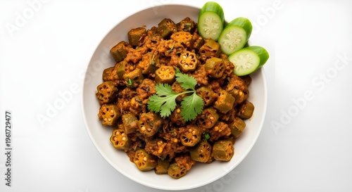 Pakistani Bhindi Masala Okra Curry Top View White Background
