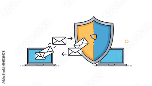 Multiple envelopes moving between two laptops protected by a large blue and orange security shield signifies safe email communication.