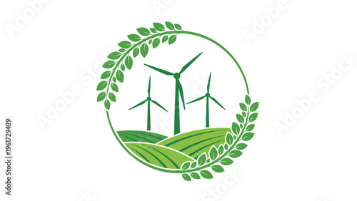 Three white wind turbines in a green field inside a circular wreath of leaves represents clean and sustainable energy sources.