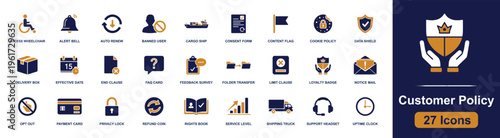 Customer policy icon set. Containing consent, privacy, refund, delivery, support, service, notice, loyalty, clauses and more. Solid fill vector icons collection for digital policy design.