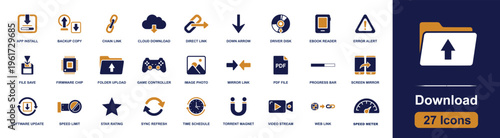 Download icon set. Containing app install, cloud, folder, sync, web link, PDF, mirror, stream, update, backup and more. Solid fill vector icons collection for file transfer design.