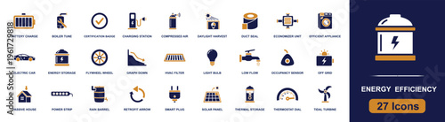 Energy efficiency icon set. Containing battery charge, charging station, electric car, low flow, smart plug, solar panel, thermostat dial and more. Solid fill vector icons collection.