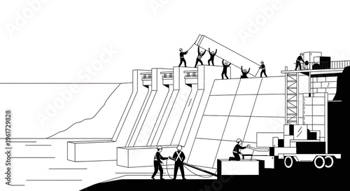 Construction workers building a dam with heavy machinery in simple monochrome illustration