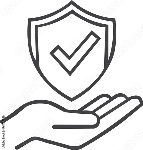 Minimalist black and white line icon of an open hand supporting a shield with a checkmark inside
