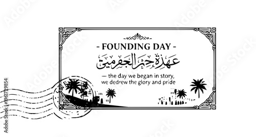 Saudi Founding Day vintage stamp collection vector set with Arabic calligraphy and decorative heritage designs isolated on white