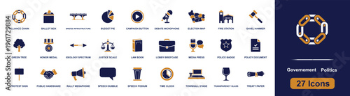 Government politics icon set. Containing ballot, debate, justice, law, policy, protest, treaty, media, election and more. Solid fill vector icons collection for civic governance design.