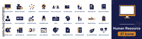 Human resource icon set. Containing career path, employee file, interview chair, onboarding checklist, shift schedule, wellness program and more. Solid fill vector icons collection.