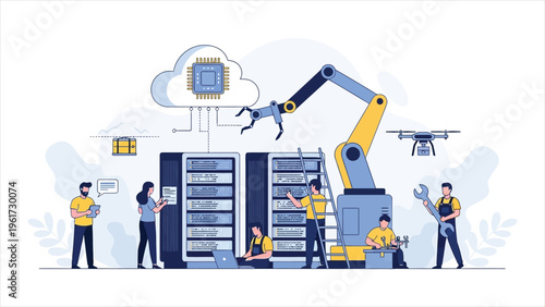 Data center and AI vector illustration with tiny people, servers, computers, and robotic arms repairing supercomputer infrastructure.