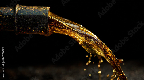 Golden liquid pouring from a bottle in the darkness