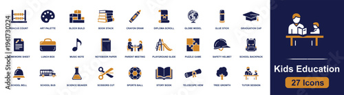 Kids education icon set. Containing school bus, book, diploma, globe, backpack, science beaker, graduation cap, bell, tutor, playground and more. Solid fill vector icons collection.