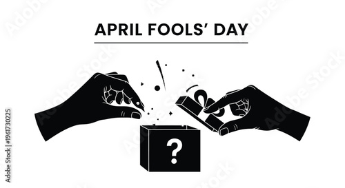 Vector illustration depicting hands opening a surprise gift box with confetti explosion for april fools' day