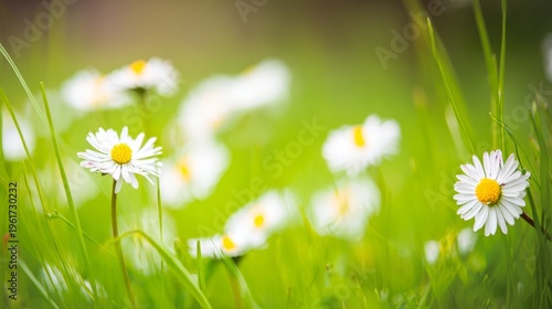 shallow. Fresh daisies scattered on soft green grass with vibrant colors and natural daylight. gardening catalogs, home-decor guides, designed for home decor and floral branding.
