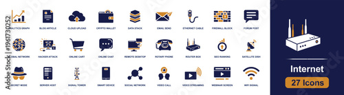 Internet icon set. Containing analytics graph, cloud upload, crypto wallet, remote desktop, router box, social network, video call, wifi signal and more. Solid fill vector icons collection.