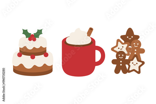 Cute Christmas Sweets and Winter Drink Vector Illustration Set, Kawaii Holiday Cake Hot Chocolate and Gingerbread Cookies