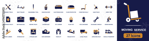 Moving service icon set. Containing moving truck, packing box, hand truck, storage unit, tape, pet carrier, trailer hitch, vehicle transport and more. Solid fill vector icons collection.
