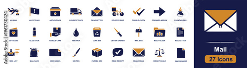 Mail icon set. Containing air mail, archive box, courier truck, mailbox, parcel box, sealed mail, read receipt, letter opener, ink drop and more. Solid fill vector icons collection.