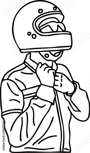 Dynamic line art illustration of a focused individual preparing for an exhilarating race, meticulously fastening their protective helmet and suit with precision