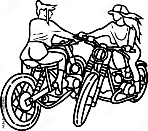 Dynamic line art illustration of two women riders on classic motorcycles, conveying freedom, adventure, and companionship on an open road journey