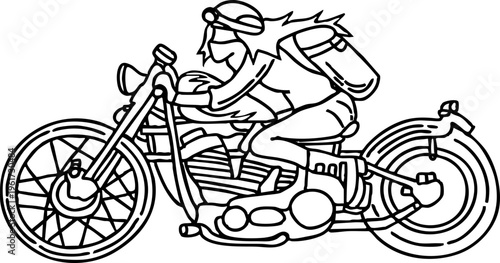 Dynamic line art illustration of a free-spirited woman riding a classic chopper motorcycle, embodying adventure and the open road with a sense of freedom