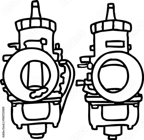 Technical illustration showcasing two essential carburetors, vital components for precise fuel-air mixture delivery in internal combustion engines and various power equipment