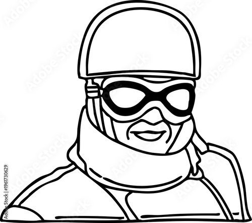 A black and white illustration of a person in a helmet and goggles, possibly a skydiver or pilot, depicted in a stylized, graphic manner