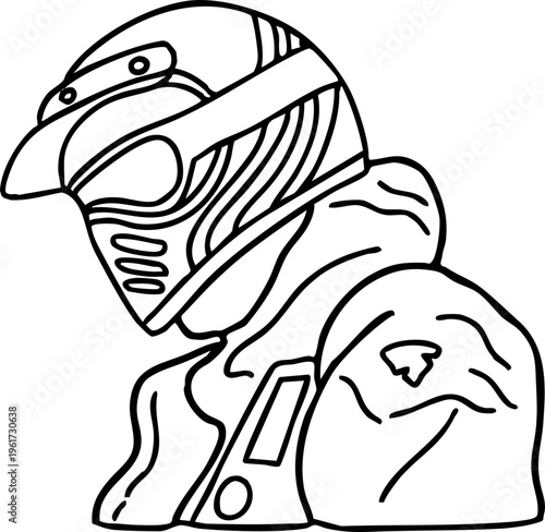 Line art illustration of a rugged off-road rider wearing a protective motocross helmet and gear, symbolizing adrenaline-fueled adventures and the spirit of extreme sports racing