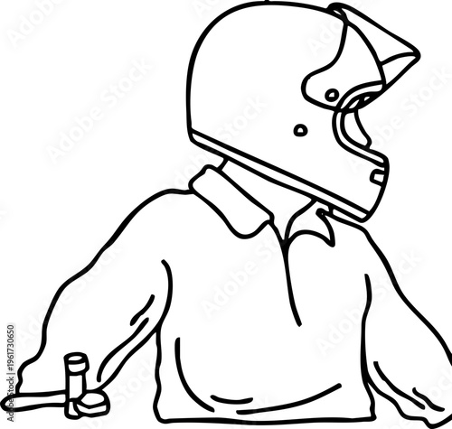 Line art illustration of a person wearing a helmet and jacket, ready for a ride on a motorcycle or scooter